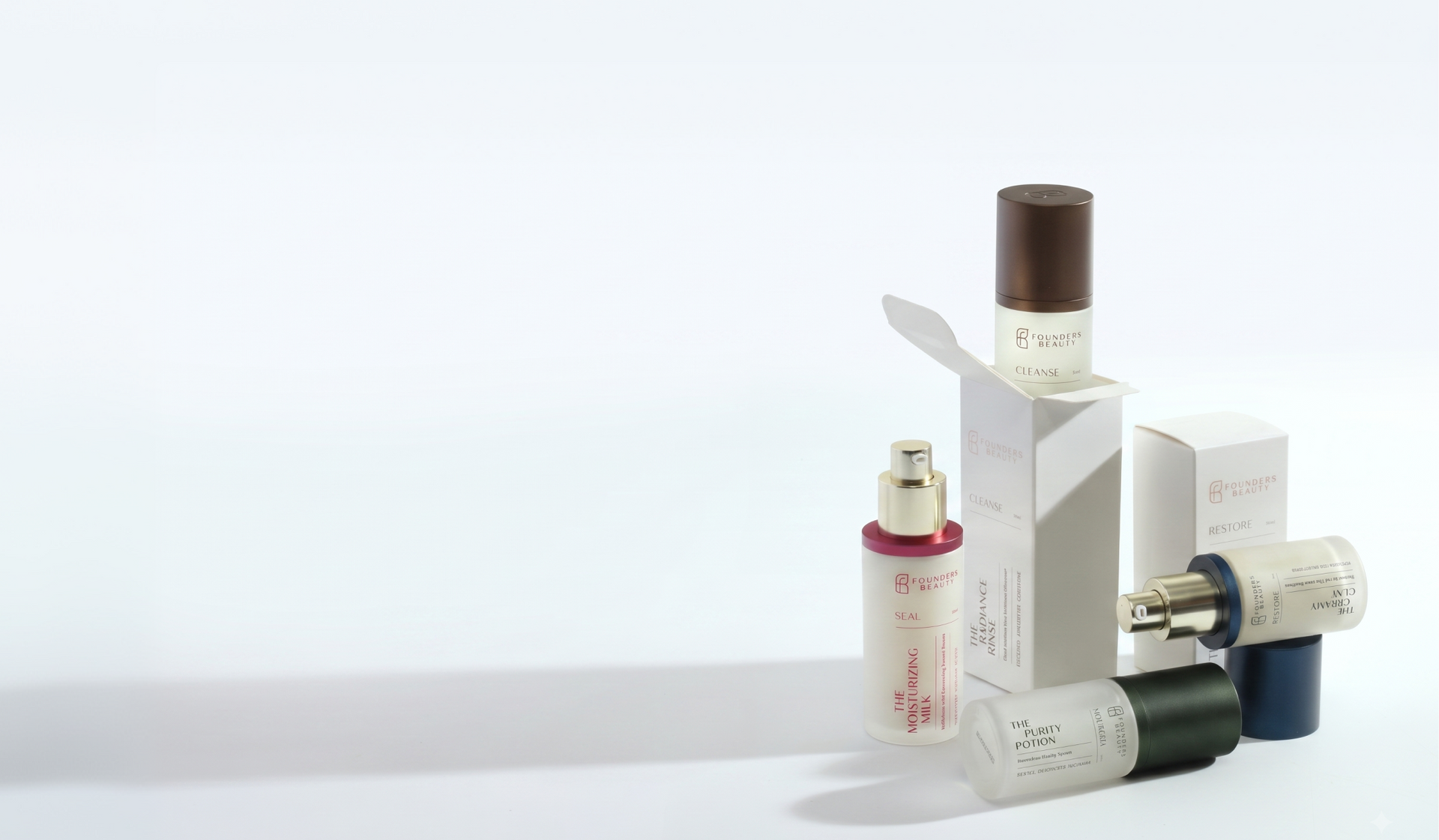Founders Beauty skincare products arranged against a bright white background